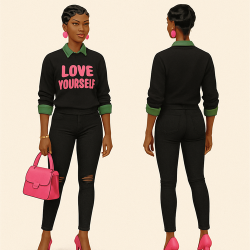 Black woman
Finger waves 

Green collared shirt black sweater shirt
Love yourself in pink on shirt 
sleeves rolled up
pink heels 
Pink pursue 
Pink earrings 
Gold bracelet and gold rings 
Tight black pants with rips
