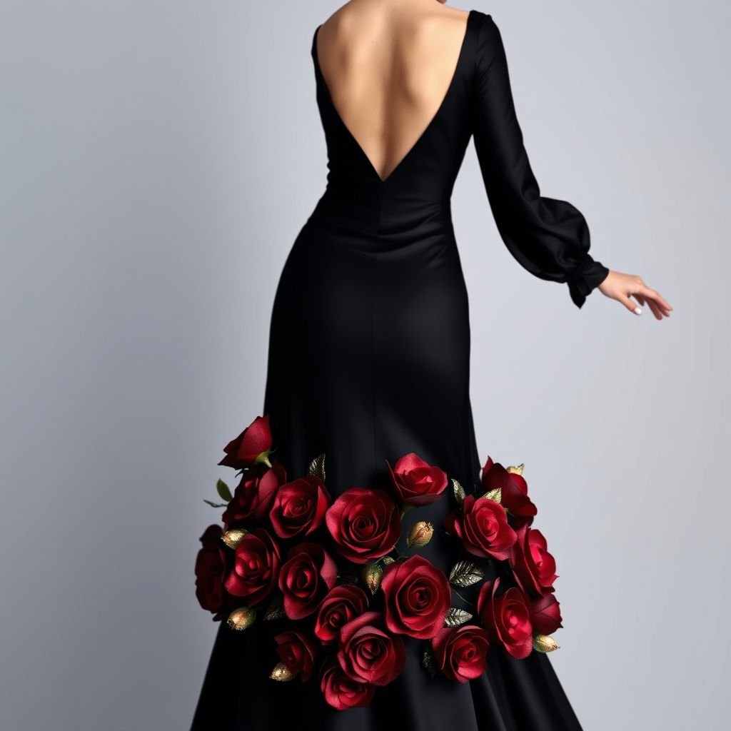 A long black body hug gown with longs sleeves. Has roses round the base of the dress
Envision a dramatic long black body-hugging gown with elegant long sleeves, meticulously crafted from silk. The gown cascades to the floor, adorned with intricate, handcrafted crimson roses encircling the hem, each petal shimmering with a hint of gold. An ethereal, vintage-inspired silhouette that seamlessly blends romance and sophistication, perfect for a twilight gala.