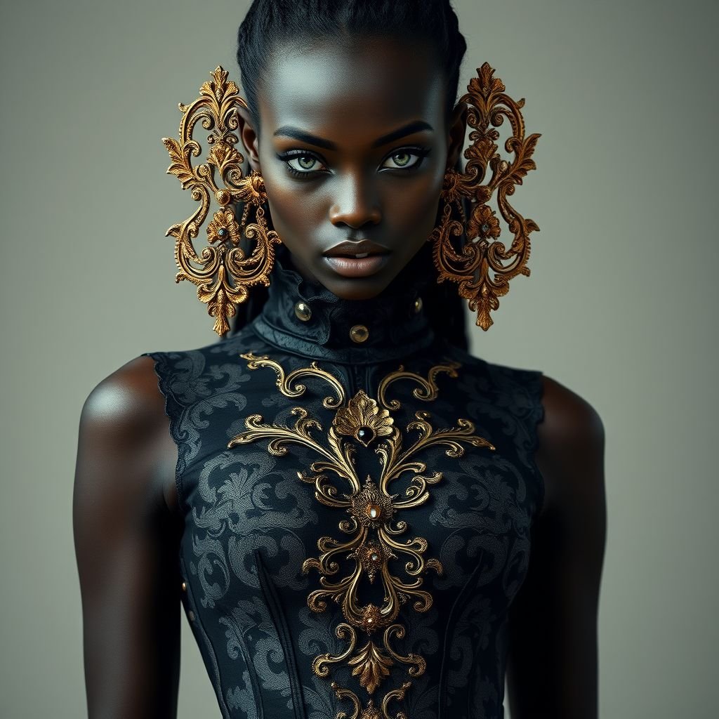 Create a top model body complete girl with black skin and green eyes, with a baroque brocade corset with outstanding golden texture and oversized baroque style earrings, the whole style , shoes super tall looks like avant-garde haute couture.
Design a striking fashion piece featuring a top model with deep black skin and mesmerizing green eyes. Envision a form-fitting baroque brocade corset, intricately detailed with gold filigree, paired with oversized vintage baroque earrings that shimmer. Complement this gothic-inspired ensemble with avant-garde super-tall boots, merging dark romance and opulent elegance.