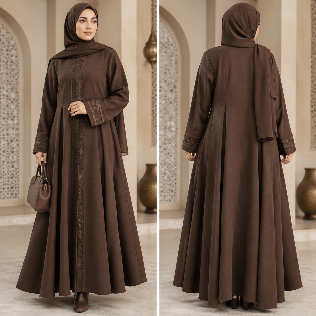 A Female Dress design, with modest, full coverage: longer hemlines, higher necklines and covered shoulders, suitable for Fall. عبائة إسلامية شتوية دوبل كلوش. Morocco fashion aesthetics. Present it as professional fashion catalogue photography: the garment is the subject, shown full-length with editorial styling, neutral posing and tasteful, non-suggestive framing.
photorealistic fashion design, A Female Dress design, with modest, full coverage: longer hemlines, higher necklines and covered shoulders, suitable for Fall. عبائة إسلامية شتوية دوبل كلوش. Morocco fashion aesthetics. Present it as professional fashion catalogue photography: the garment is the subject, shown full-length with editorial styling, neutral posing and tasteful, non-suggestive framing., just the design no text, show front and back
