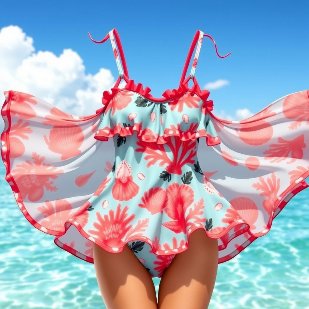 בגד ים בסגנון של ארס
Create a vibrant summer swimsuit inspired by the essence of the sea. Incorporate flowing, lightweight fabrics that mimic ocean waves, adorned with vivid coral patterns and shells. Add playful straps and ruffles to evoke a sense of carefree fun, perfect for sun-soaked beach days and poolside lounging in the warm sun.