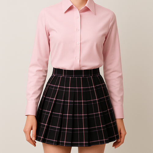 تنورة  قصيرة  (ليس كثيرا) سوداء مع خطوط وفيعة نقشة مدرسيه  وردي و ابيض
مع قميص وردي بنفس درجة خطوط التنورة
