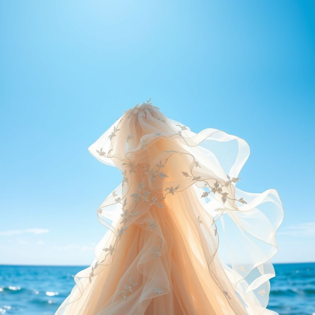 Create a gown inspired by sea waves, blue sky and sunshine. Add crystal embroidery and an ethereal look to the vision of a dress
Design an exquisite haute couture gown that embodies the fluidity of sea waves, reflecting the serenity of a bright blue sky. The flowing silhouette features layers of diaphanous fabric, glistening with intricate crystal embroidery that captures sunlight. Evoke an ethereal essence with soft, cascading ruffles and delicate, sparkling accents.
