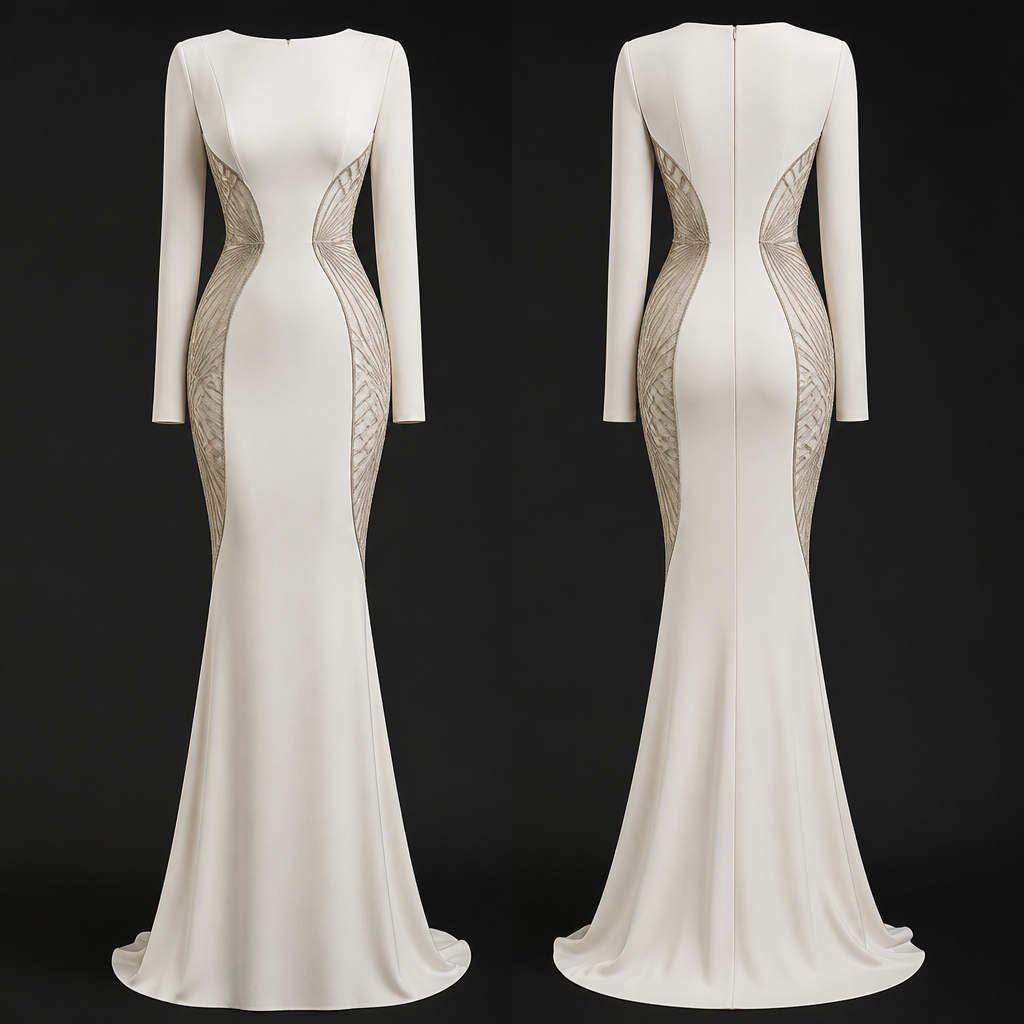 Make it off white dress with long sleeve and fitted with lace on the side
photorealistic fashion design, Make it off white dress with long sleeve and fitted with lace on the side
, art_deco style, just the design no text, show front and back