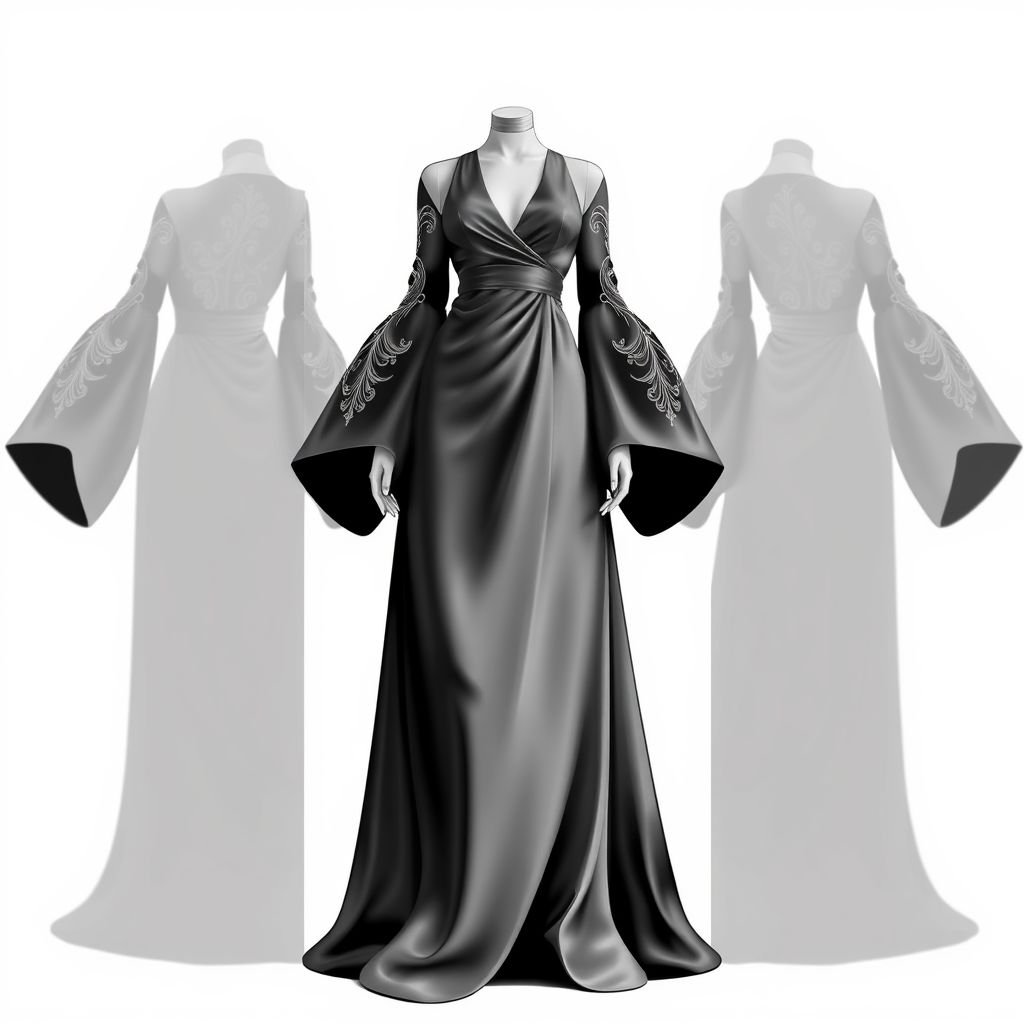 An elegant casual Maxi dress that has shape but is Not Form fitting. Covering the neck . In Satin . All one color. Details in the sleeves
Design a luxurious maxi dress in lush satin, gracefully enveloping the figure without being form-fitting. The high neckline exudes sophistication, while billowing sleeves intricately adorned with delicate embroidery add an artistic touch. The dress, in a monochromatic hue, elegantly cascades to the floor, epitomizing timeless style and refined simplicity.
