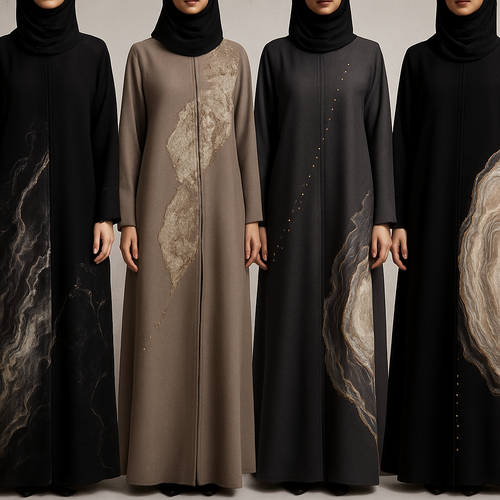 Create a modest abaya, first of its kind, featuring a unique stone design that exudes a classy and sophisticated vibe. I'd like four designs, each showcasing different styles and fabrics. Incorporate high-end, unique chic stone designs to make them truly special. Add little sophisticated stone designs. Make it irresistible for customers 