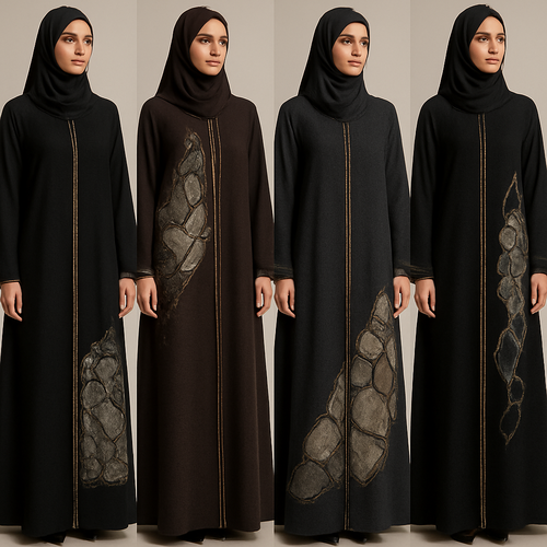 Create a modest abaya that's the first of its kind, featuring a unique stone design that exudes a classy and sophisticated vibe. I'd like four designs, each showcasing different styles and fabrics.
Incorporate high-end, unique chic stone designs to make them truly special. Add a little sophisticated stone work to it.
