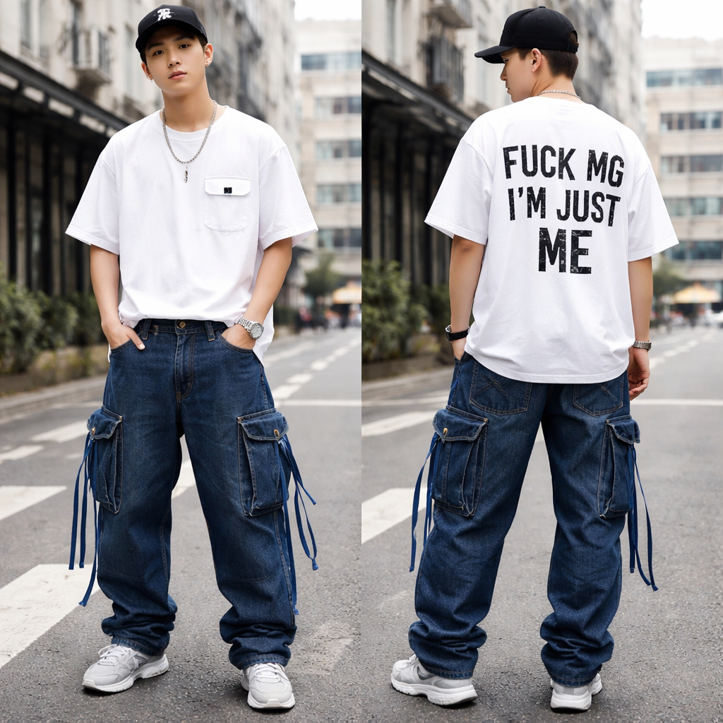 Street wear deep blue Jean pants. With large pockets on side seam . Side ribbon threaded through pockets. Buckle on front and back waist .
Tshirt with cuff on sleeve pocket on front
With the words “Fuck MG, I’m just ME“ with on back
Street wear deep blue Jean pants. With large pockets on side seam . Side ribbon threaded through pockets. Buckle on front and back waist .
Tshirt with cuff on sleeve pocket on front
With the words “Fuck MG, I’m just ME“ with on back
, streetwear style, show front and back