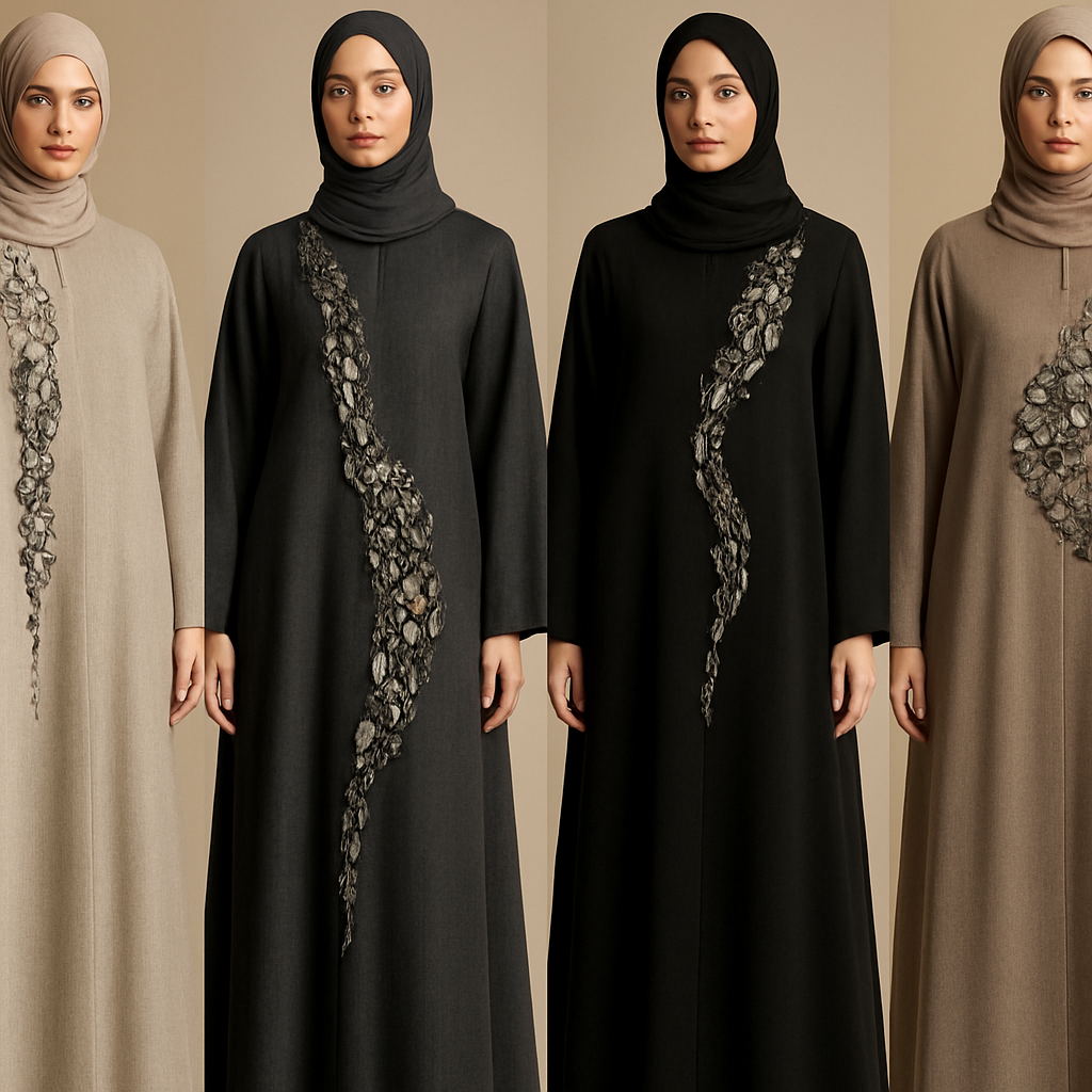 Create a modest abaya that's the first of its kind, featuring a unique stone design that exudes a classy and sophisticated vibe. I'd like four designs, each showcasing different styles and fabrics.
Incorporate high-end, unique chic stone designs to make them truly special. Add a little sophisticated stone work to it.

Create a modest abaya that's the first of its kind, featuring a unique stone design that exudes a classy and sophisticated vibe. I'd like four designs, each showcasing different styles and fabrics.
Incorporate high-end, unique chic stone designs to make them truly special. Add a little sophisticated stone work to it.