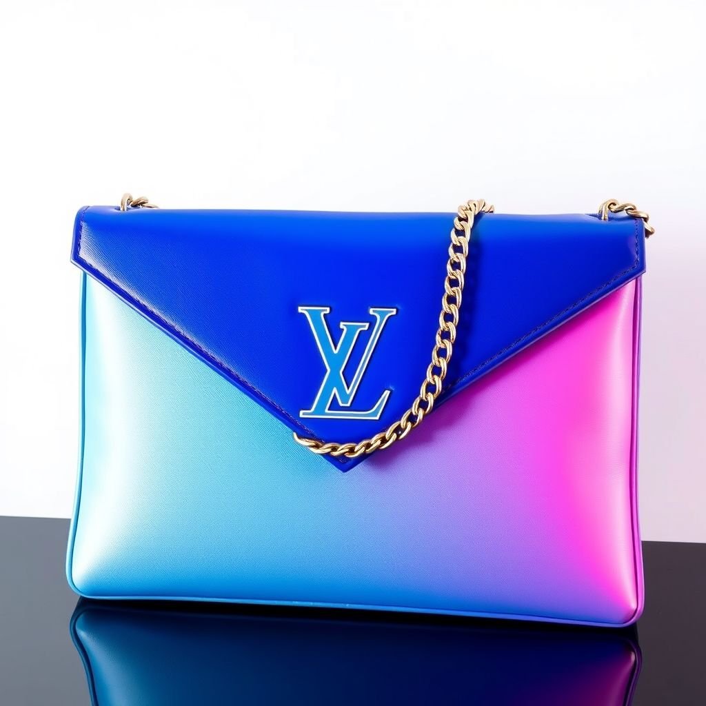 Design a large Louis Vuitton-inspired clutch featuring a vibrant, gradient ombre effect that transitions from deep blue to soft blue. The bag is adorned with intricate, hand-stitched Louis Vuitton motifs and metal edging details. Complete it with a detachable chain strap for versatile wear, combining elegance with a bold statement style.
Create a sporty-inspired large Louis Vuitton clutch that exudes energy and dynamism. The bag's vibrant gradient ombre transitions from deep blue to soft blue, complemented by reflective metallic accents. Embellish with geometric patterns inspired by athletic wear, ensuring it includes a functional detachable chain strap for an active lifestyle without compromising on luxury.