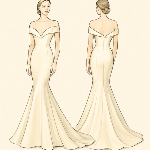 V-neck evening dress with a tail and off-the-shoulder mermaid cut