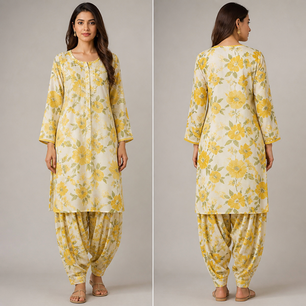 A farsi salwar yellow and white floral fabric
photorealistic fashion design, A farsi salwar yellow and white floral fabric, just the design no text, show front and back