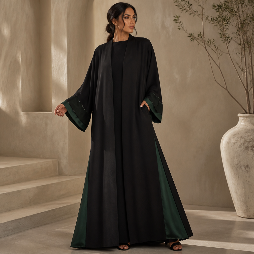 A Female Dress design, with modest, full coverage: longer hemlines, higher necklines and covered shoulders, suitable for Summer. بدي عباءة مفتوحة باللون الاسود الفاحم مبطنة باللون الاخضر العميق عند أطراف الأكمام وفتحتا شي عشرة سم او 15 موديل مميز جدا ممزوج بتفاصيل عصرية قديمة وحديثة Present it as professional fashion catalogue photography: the garment is the subject, shown full-length with editorial styling, neutral posing and tasteful, non-suggestive framing.
photorealistic fashion design, A Female Dress design, with modest, full coverage: longer hemlines, higher necklines and covered shoulders, suitable for Summer. بدي عباءة مفتوحة باللون الاسود الفاحم مبطنة باللون الاخضر العميق عند أطراف الأكمام وفتحتا شي عشرة سم او 15 موديل مميز جدا ممزوج بتفاصيل عصرية قديمة وحديثة Present it as professional fashion catalogue photography: the garment is the subject, shown full-length with editorial styling, neutral posing and tasteful, non-suggestive framing., just the design no text