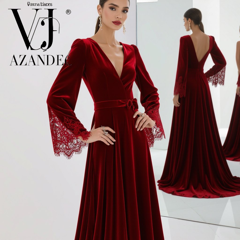 Evening dress
Evening gown, velvet, deep red, floor-length, A-line silhouette, V-neckline, long sleeves, with delicate lace trim at the cuffs and hem.