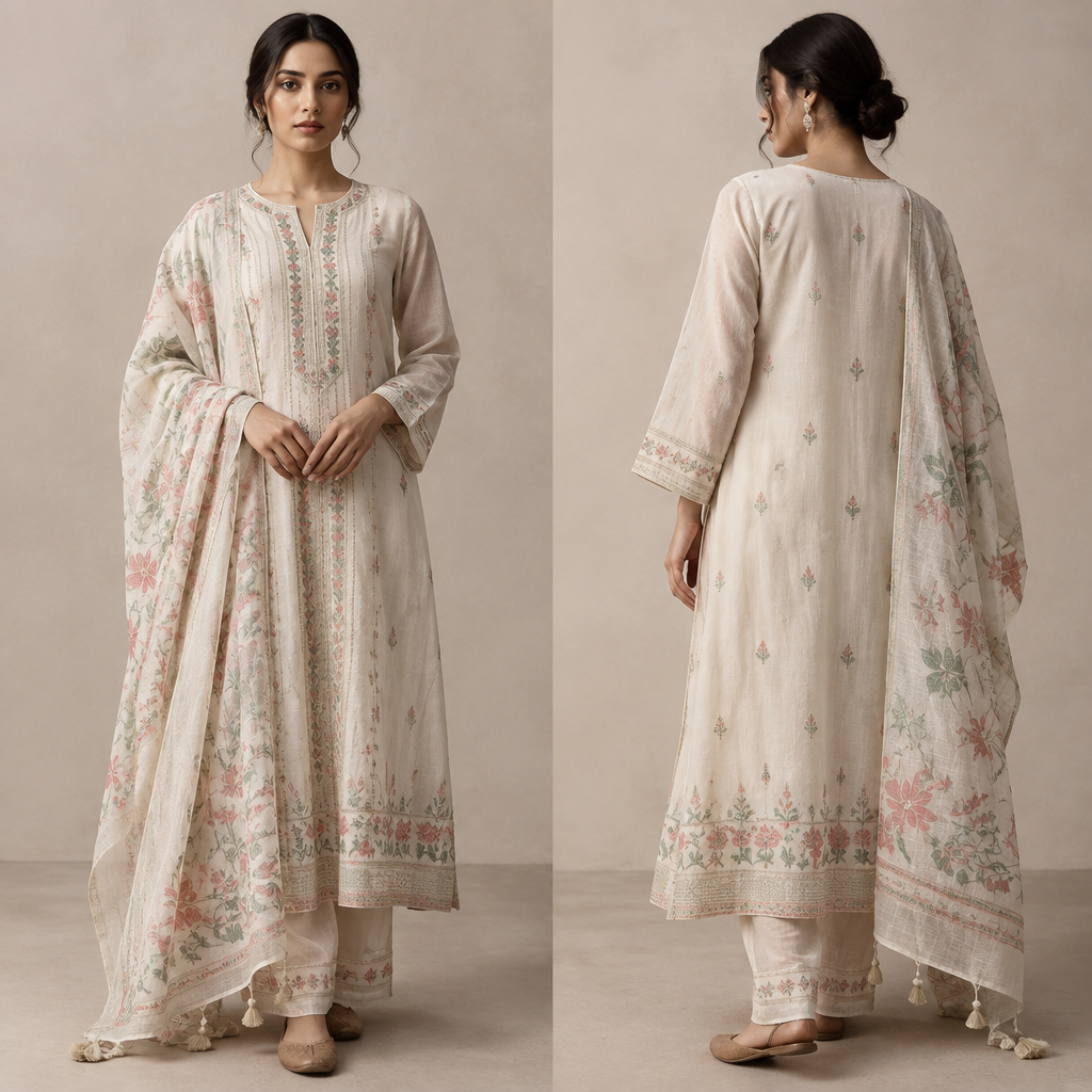 A Dress design, suitable for Summer. Consider Bangladeshi fashion — jamdani saree, salwar kameez; muslin and cotton traditions; vibrant draping styles. Present it as professional fashion catalogue photography: the garment is the subject, shown full-length with editorial styling, neutral posing and tasteful, non-suggestive framing.
photorealistic fashion design, A Dress design, suitable for Summer. Consider Bangladeshi fashion — jamdani saree, salwar kameez; muslin and cotton traditions; vibrant draping styles. Present it as professional fashion catalogue photography: the garment is the subject, shown full-length with editorial styling, neutral posing and tasteful, non-suggestive framing., just the design no text