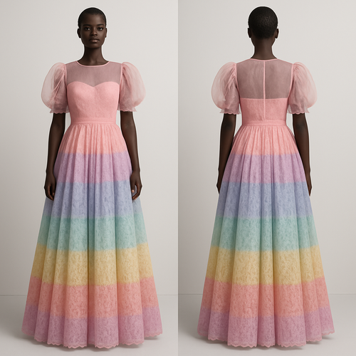 I want an organza fabric at the top of a colorful princess dart gown with Swiss lace fabric with pleats at the sleeves and at around the knee all the way to the floor on a real mannequin or a dark skin human. 
