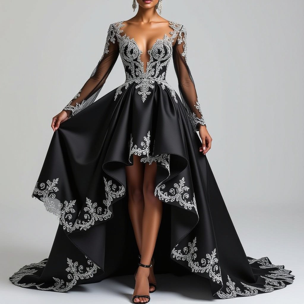 Black dress
Imagine a luxurious black dress that flows like liquid satin, featuring a high-low hemline and intricate lace overlay. The bodice is adorned with hand-embroidered silver filigree, while asymmetrical sleeves create an air of drama. Perfect for an evening gala, this design embodies elegance, mystery, and timeless allure in every stitch.