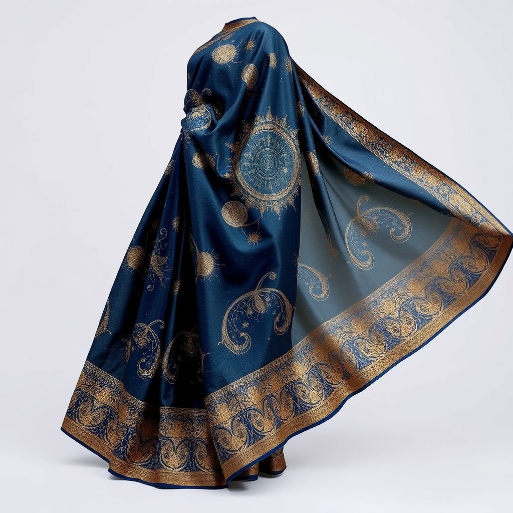 Hand printed saree
Imagine an ethereal hand-printed saree adorned with intricate, swirling motifs inspired by ancient celestial maps. Crafted from sheer, lightweight silk, it fuses traditional elegance with contemporary flair. The vibrant hues of midnight blue and shimmering gold reflect the stars, while delicate, asymmetrical borders add a modern twist, perfect for evening galas.