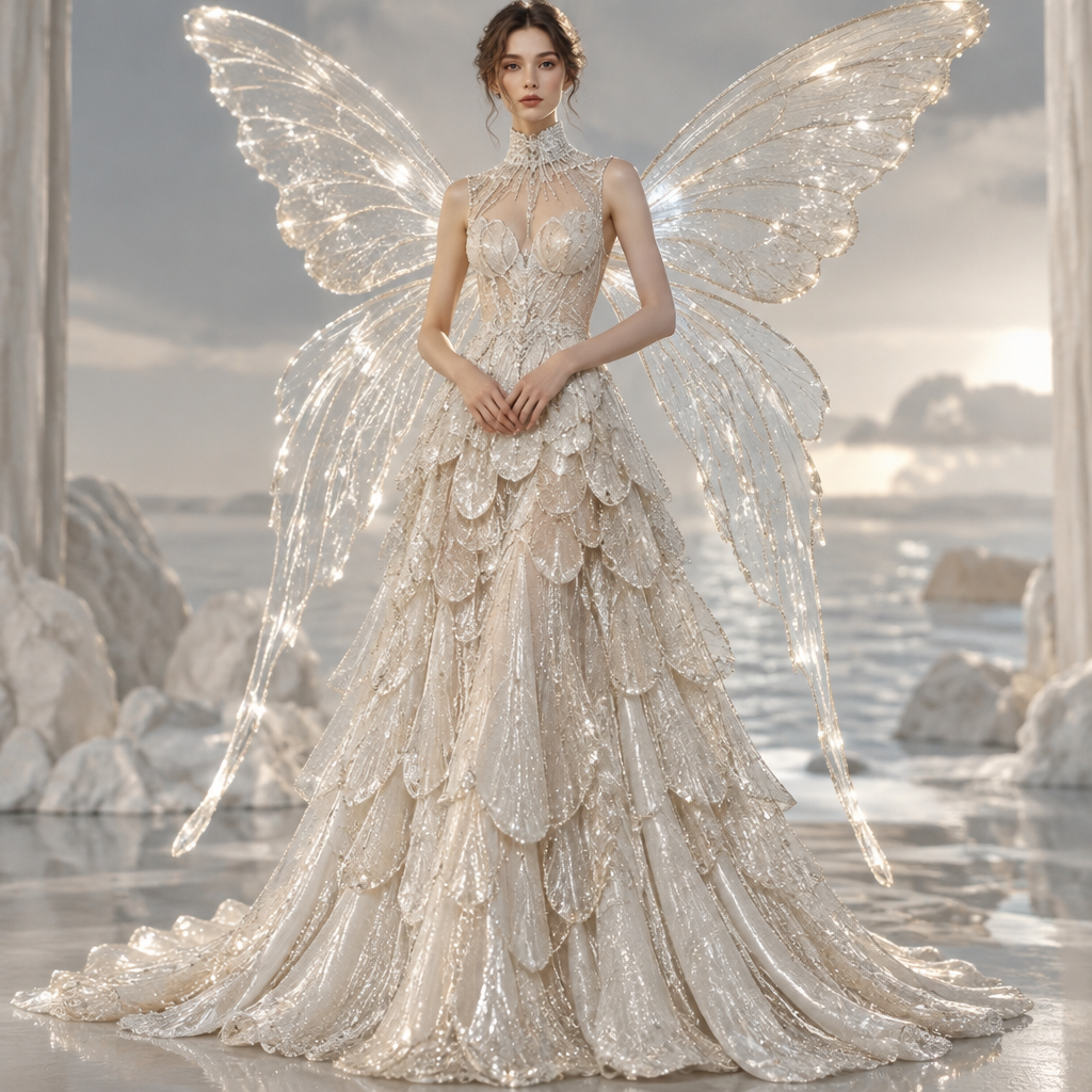 A Female Dress design, suitable for Fall. жемчужная платье длинное за пол волнистая как лепестки форма сердечки ниже шей длинным воротником стоячим цвет стящий остров блестящих объектов блестящих длинным крыльями блестящая белая блёстками как длинной бабочке создать фото лицо и целует не менять. GE fashion aesthetics. Present it as professional fashion catalogue photography: the garment is the subject, shown full-length with editorial styling, neutral posing and tasteful, non-suggestive framing.
photorealistic fashion design, A Female Dress design, suitable for Fall. жемчужная платье длинное за пол волнистая как лепестки форма сердечки ниже шей длинным воротником стоячим цвет стящий остров блестящих объектов блестящих длинным крыльями блестящая белая блёстками как длинной бабочке создать фото лицо и целует не менять. GE fashion aesthetics. Present it as professional fashion catalogue photography: the garment is the subject, shown full-length with editorial styling, neutral posing and tasteful, non-suggestive framing., just the design no text