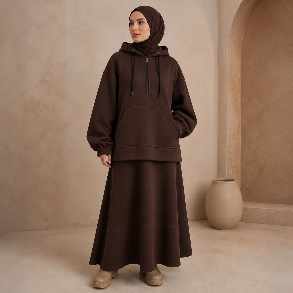Create a modest luxury women's winter outfit inspired exactly by the reference image.
The outfit consists of a long oversized hoodie paired with a long flowing maxi skirt, designed for a hijabi woman.
Hoodie details:
Oversized and relaxed fit.
Long length, reaching approximately the upper thighs.
Large adjustable hood with two black drawstrings and metal cord stoppers.
Long sleeves with wide, voluminous sleeves and elasticated cuffs.
A half-zip / quarter-zip front closure, with a black zipper extending from the neckline to the upper chest.
A large kangaroo pocket on the front, with curved openings on both sides.
Visible double stitching around the pocket and seams.
A horizontal seam/detail near the bottom of the hoodie.
Thick, soft, warm winter fabric with a premium sweatshirt/fleece texture.
Skirt details:
Long modest maxi skirt extending almost to the ankles.
Wide, flowing and slightly flared silhouette.
Comfortable loose fit, not tight around the body.
Same fabric and color family as the hoodie.
Clean minimal design with subtle horizontal seam details.
Slightly curved/wavy hemline for a soft feminine appearance.
Overall aesthetic: Modern modest fashion, elegant, feminine, minimalist, premium ready-to-wear, cozy winter collection, sophisticated and youthful.
Important: Keep the exact proportions, silhouette, hoodie construction, kangaroo pocket, hood, zipper, oversized sleeves and long flowing skirt from the reference image. Do not add unnecessary decorations or change the basic structure. Algeria fashion aesthetics. Present it as professional fashion catalogue photography: the garment is the subject, shown full-length with editorial styling, neutral posing and tasteful, non-suggestive framing.
photorealistic fashion design, Create a modest luxury women's winter outfit inspired exactly by the reference image.
The outfit consists of a long oversized hoodie paired with a long flowing maxi skirt, designed for a hijabi woman.
Hoodie details:
Oversized and relaxed fit.
Long length, reaching approximately the upper thighs.
Large adjustable hood with two black drawstrings and metal cord stoppers.
Long sleeves with wide, voluminous sleeves and elasticated cuffs.
A half-zip / quarter-zip front closure, with a black zipper extending from the neckline to the upper chest.
A large kangaroo pocket on the front, with curved openings on both sides.
Visible double stitching around the pocket and seams.
A horizontal seam/detail near the bottom of the hoodie.
Thick, soft, warm winter fabric with a premium sweatshirt/fleece texture.
Skirt details:
Long modest maxi skirt extending almost to the ankles.
Wide, flowing and slightly flared silhouette.
Comfortable loose fit, not tight around the body.
Same fabric and color family as the hoodie.
Clean minimal design with subtle horizontal seam details.
Slightly curved/wavy hemline for a soft feminine appearance.
Overall aesthetic: Modern modest fashion, elegant, feminine, minimalist, premium ready-to-wear, cozy winter collection, sophisticated and youthful.
Important: Keep the exact proportions, silhouette, hoodie construction, kangaroo pocket, hood, zipper, oversized sleeves and long flowing skirt from the reference image. Do not add unnecessary decorations or change the basic structure. Algeria fashion aesthetics. Present it as professional fashion catalogue photography: the garment is the subject, shown full-length with editorial styling, neutral posing and tasteful, non-suggestive framing., just the design no text