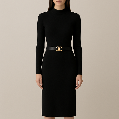 High neck crew neck fitted black dress with long sleeve midi length. A chanel
belt worn around the lower waist