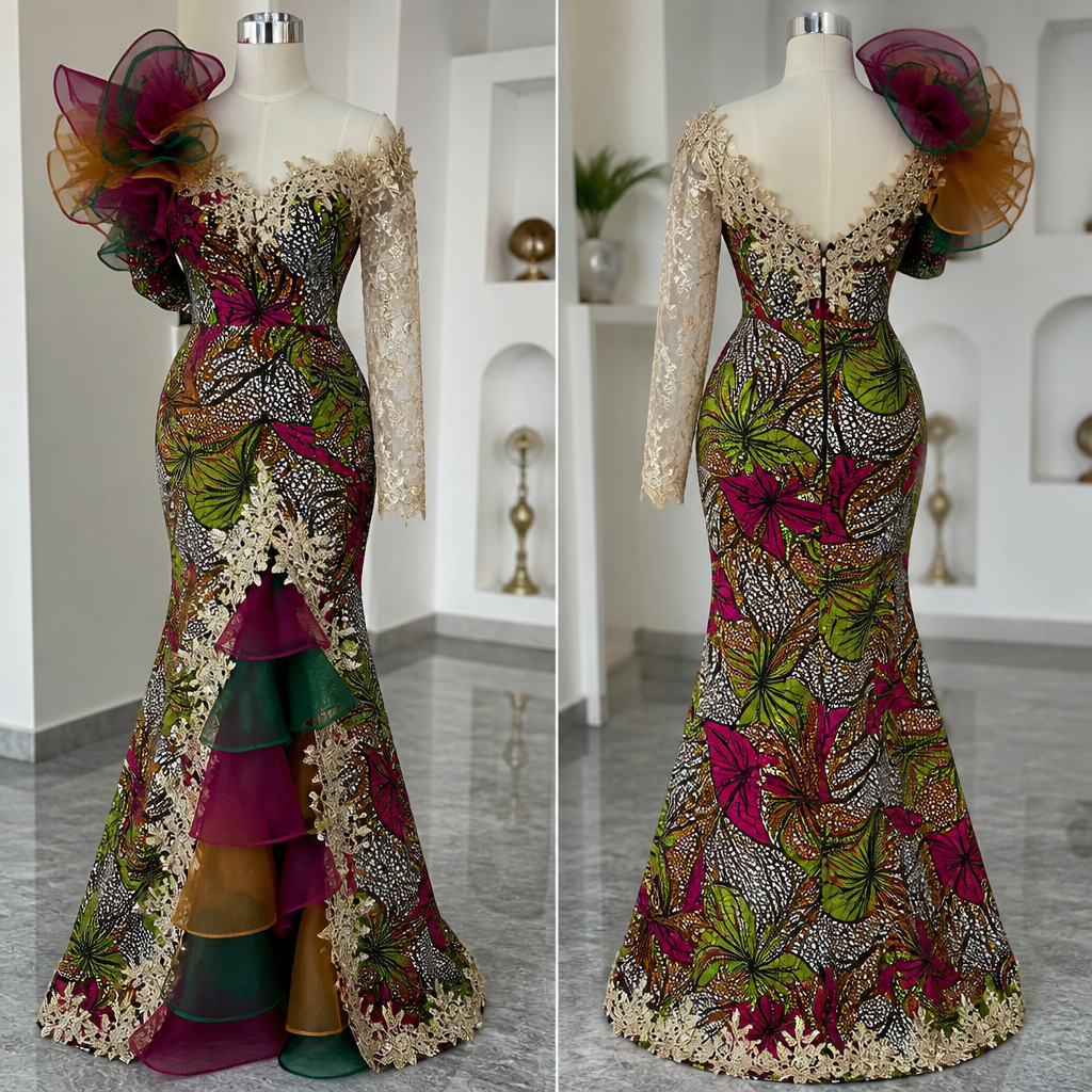 A realistic Create a gorgeous party dress using Ankara fabric with beautiful lace trims and colorful organza fabric for a 55year old woman looking fabulous and elegant.k
photorealistic fashion design, A realistic Create a gorgeous party dress using Ankara fabric with beautiful lace trims and colorful organza fabric for a 55year old woman looking fabulous and elegant.k, just the design no text, show front and back