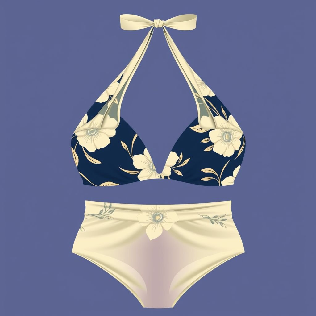 Bikini top and bottom
Design a classic bikini featuring a structured halter neck top with delicate pleats and a vintage-inspired floral print, paired with high-waisted bottoms that accentuate the silhouette. Utilize a timeless color palette of navy and cream, incorporating elegant gold accents and subtle detailing, evoking a sophisticated 1950s beachside glamour.