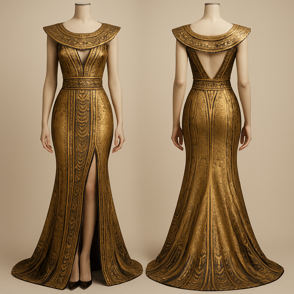 Pharaonic heritage evening dress, two shoulder with tail , fishtail cut, with a slit to the knee
Pharaonic heritage evening dress, two shoulder with tail , fishtail cut, with a slit to the knee, middle_eastern style, show front and back