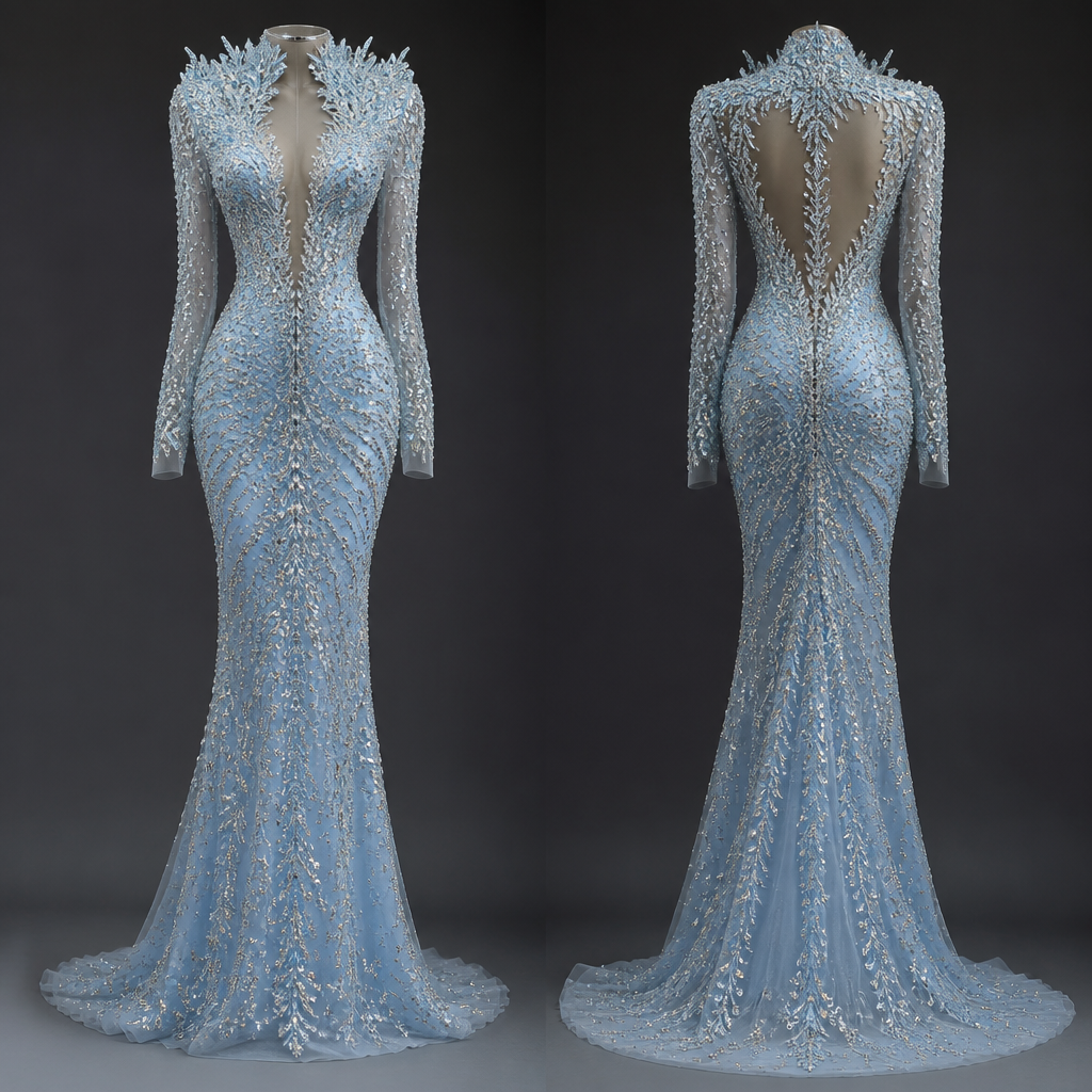 Make me one evening dress balkan style mostly more heavy with stones, colour baby blue, neck more heavy with textures coming out
photorealistic fashion design, Make me one evening dress balkan style mostly more heavy with stones, colour baby blue, neck more heavy with textures coming out , handmade style, just the design no text, show front and back
