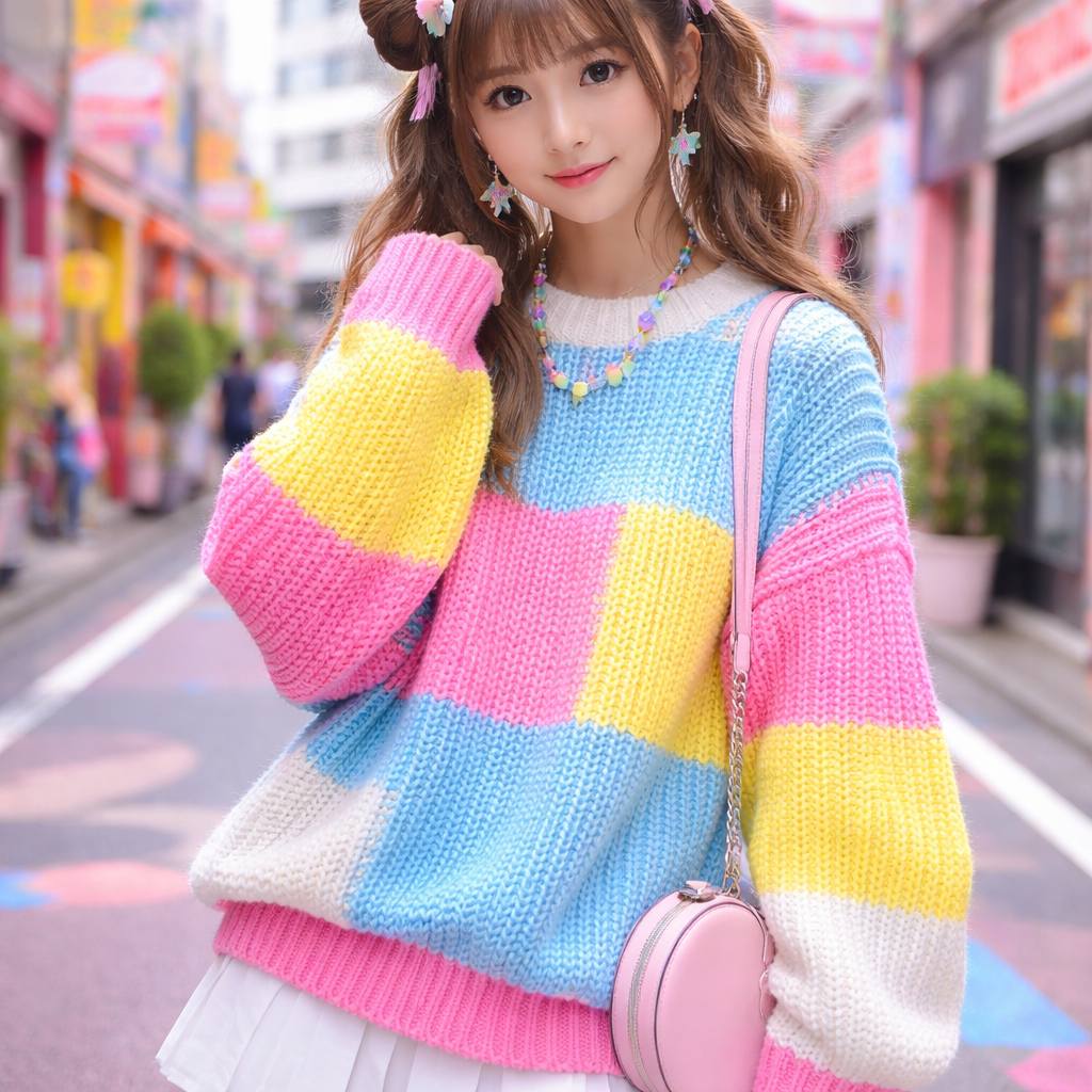 cute chunky neon candy land board game sweater
Japanese Street fashion design: Oversized cotton sweater, chunky knit, neon pink, blue, and yellow blocks. Loose fit. kawaii aesthetic.