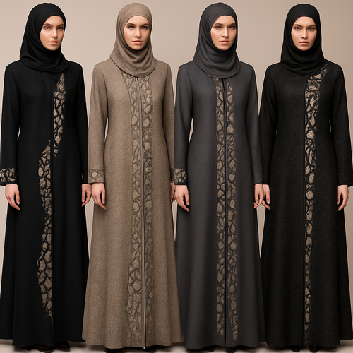 Create a modest abaya that's the first of its kind, featuring a unique stone design that exudes a classy and sophisticated vibe. I'd like four designs, each showcasing different styles and fabrics.
Incorporate high-end, unique chic stone designs to make them truly special. Add a little sophisticated stone work to it.