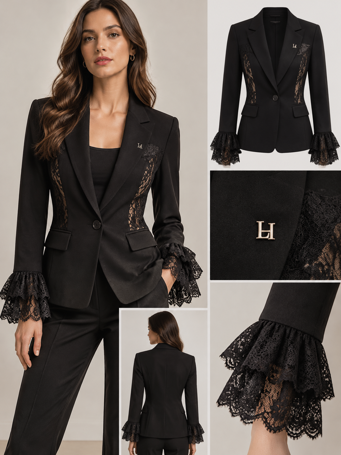 Black Lace Panel Blazer for Women, Suitable for Everyday Wear,with logo LH-add lace ruffles end of the sleewes
Black Lace Panel Blazer for Women, Suitable for Everyday Wear,with logo LH-add lace ruffles end of the sleewes