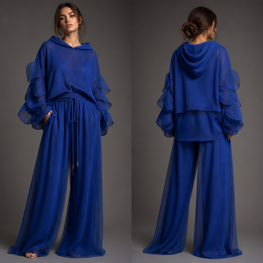 A Female Pants design, made of Wool, for Formal, suitable for Spring, in Glamorous + Elegant + Quiet Luxury style. this is beautiful two piece knitwear set and sleeves of the sweater has acut circles layered with sheer net fabric. this is oversized.and its beautiful hoodie set with some very lightweight knitwear fabric layered with sheer fabric. the trouser side pockets and massive beautiful drawstring
this is suitable for perfect comfort date night
and it flows. the colour of the fabric is bright royal blue fabric layered bright royal blue sheer fabric
the outfits can also be wear summer as well .j. Design with modest coverage.
photorealistic fashion design, A Female Pants design, made of Wool, for Formal, suitable for Spring, in Glamorous + Elegant + Quiet Luxury style. this is beautiful two piece knitwear set and sleeves of the sweater has acut circles layered with sheer net fabric. this is oversized.and its beautiful hoodie set with some very lightweight knitwear fabric layered with sheer fabric. the trouser side pockets and massive beautiful drawstring
this is suitable for perfect comfort date night
and it flows. the colour of the fabric is bright royal blue fabric layered bright royal blue sheer fabric
the outfits can also be wear summer as well .j. Design with modest coverage., glamorous style, just the design no text, show front and back