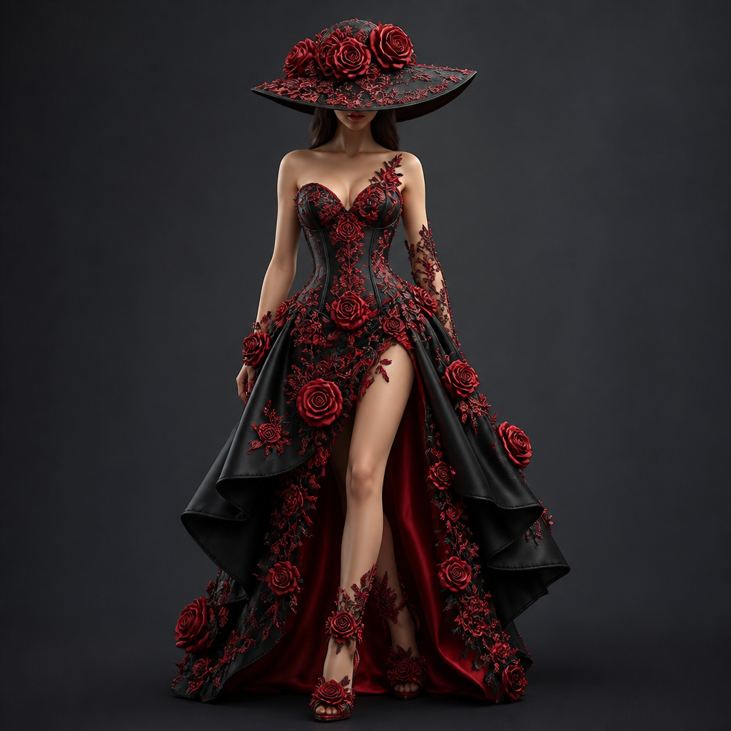 A Dress design. vestido com rosas, chapéu com rosas, vestido preto e vermelho e o sapato tbm tem rosas.. Brazil fashion aesthetics.
photorealistic fashion design, A Dress design. vestido com rosas, chapéu com rosas, vestido preto e vermelho e o sapato tbm tem rosas.. Brazil fashion aesthetics., just the design no text