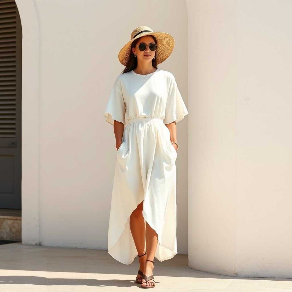 Summer t shirt dress simple for resort wear
Design a chic summer t-shirt dress embodying quintessential Parisian elegance for resort wear. Picture soft linen in a light pastel hue, featuring a relaxed silhouette with an asymmetrical hemline. Accentuate with delicate ruffled sleeves and a cinched waist. Complete the look with a woven straw hat and oversized sunglasses for effortless sophistication.