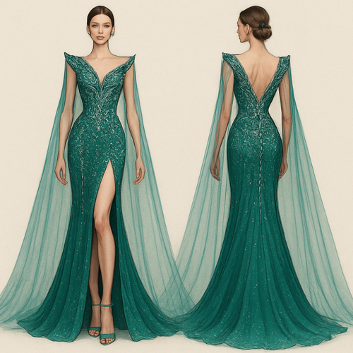 Help me design a pageant gown that is form fitted with a high slit and a unique sharp neckline, make it teal and extremely ornate with stones, give it abstract shape with a sheer cape that flows to the floor.  Something for a 30 year old Miss contestant. 