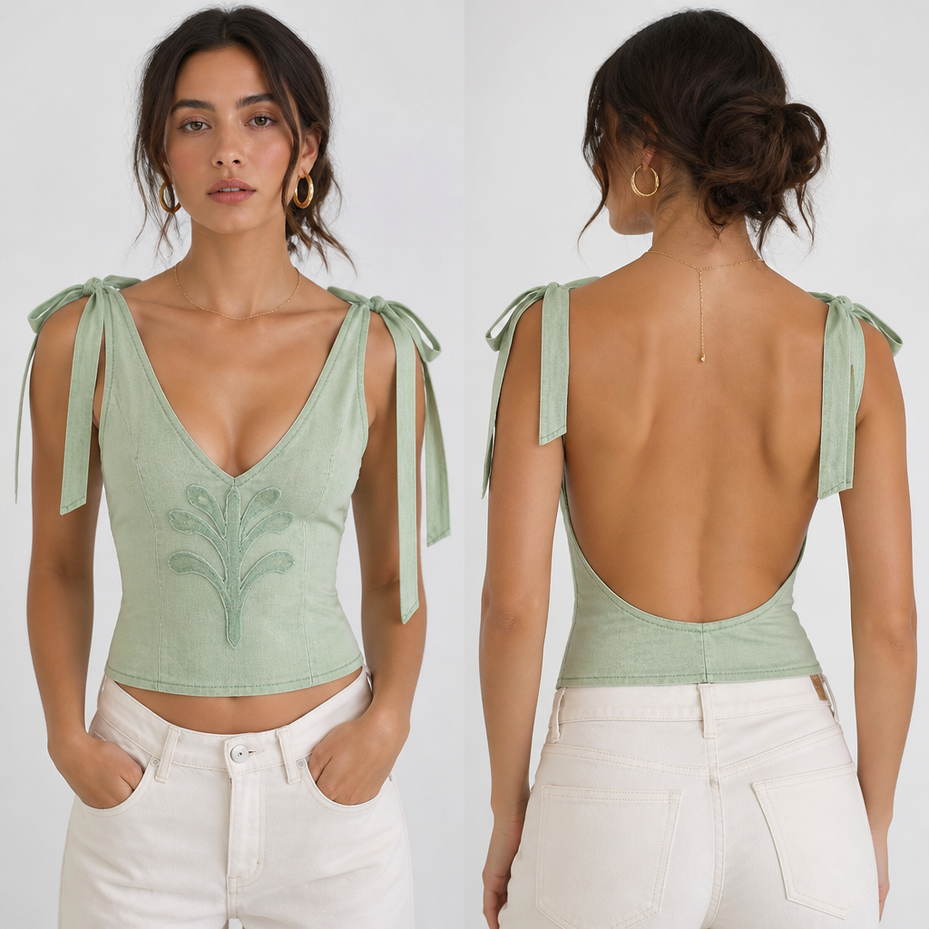 A Female Top design, made of Denim, for Casual, suitable for Summer, in Minimalist style. свктло-зеленый топ,с рукавами ленточками ,вырез в декольте,сзади оголенная спина,спереди средний узор
photorealistic fashion design, A Female Top design, made of Denim, for Casual, suitable for Summer, in Minimalist style. свктло-зеленый топ,с рукавами ленточками ,вырез в декольте,сзади оголенная спина,спереди средний узор, minimalist style, just the design no text, show front and back