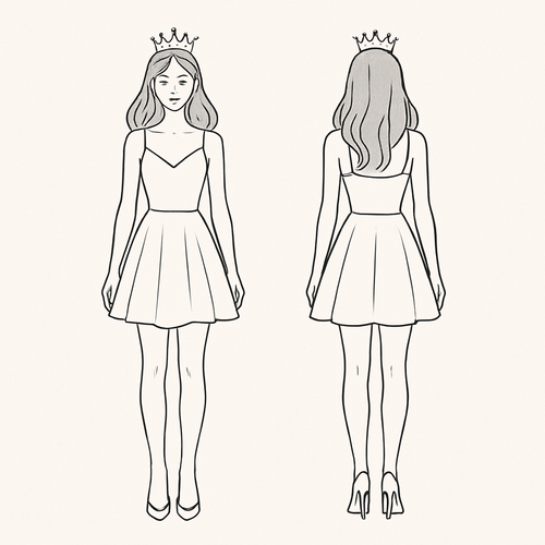 A girl with open hair, wearing a crown, pencil heels and a short party dress