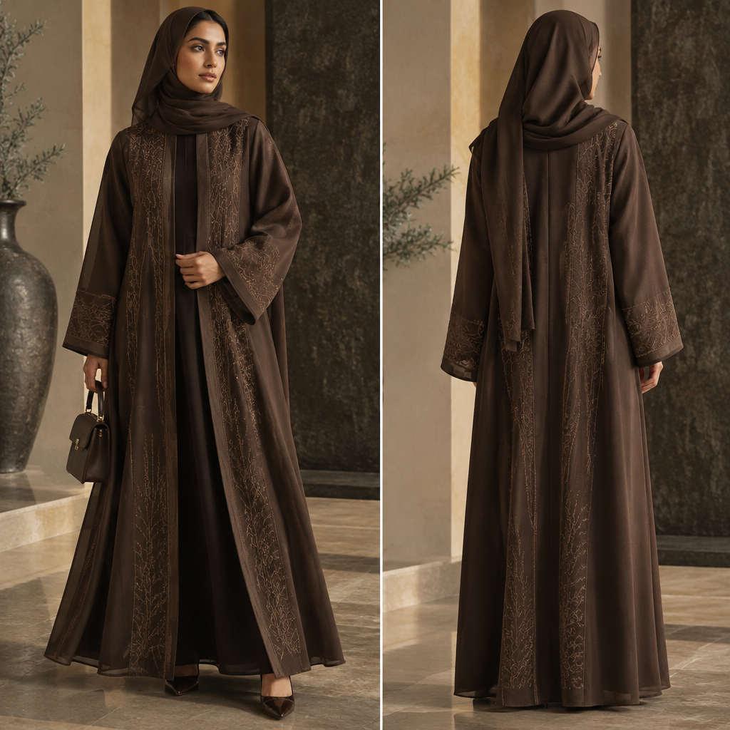 A Female Jacket design. Consider Saudi/Gulf fashion — abaya, modest luxury, opulent fabrics, contemporary modest fashion, designer abayas and kaftans. Current season is Autumn in Saudi Arabia. Present it as professional fashion catalogue photography: the garment is the subject, shown full-length with editorial styling, neutral posing and tasteful, non-suggestive framing.
photorealistic fashion design, A Female Jacket design. Consider Saudi/Gulf fashion — abaya, modest luxury, opulent fabrics, contemporary modest fashion, designer abayas and kaftans. Current season is Autumn in Saudi Arabia. Present it as professional fashion catalogue photography: the garment is the subject, shown full-length with editorial styling, neutral posing and tasteful, non-suggestive framing., just the design no text