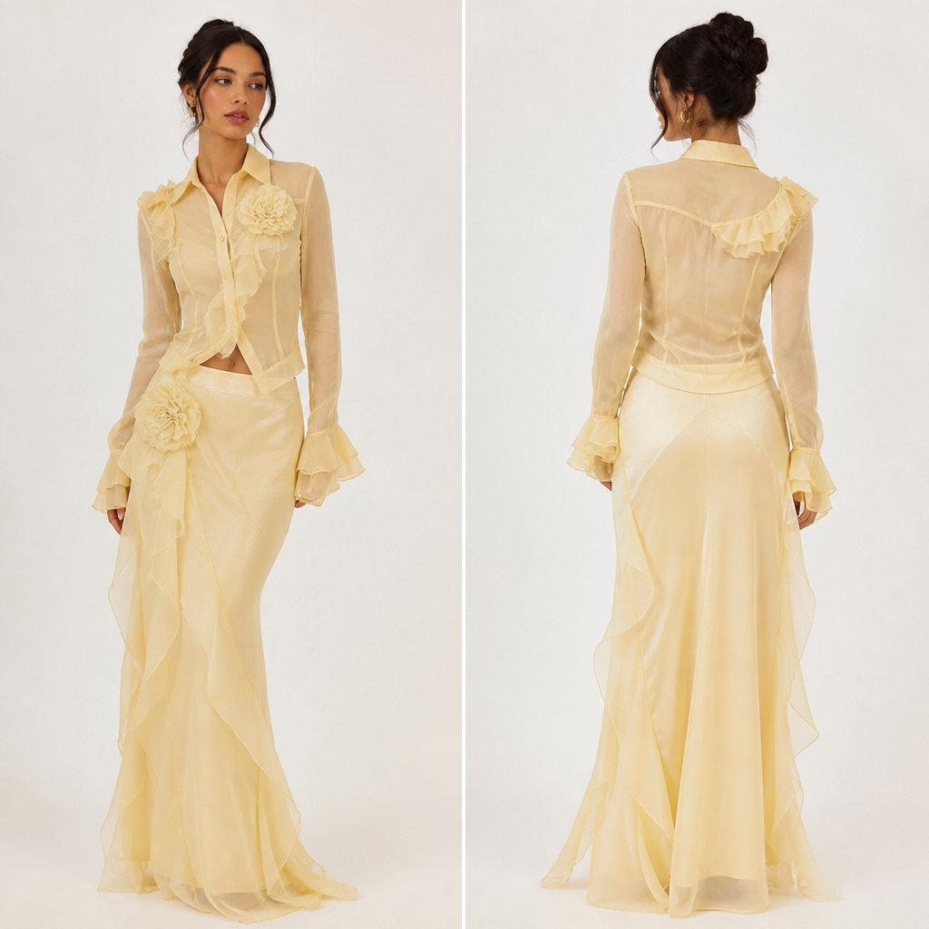 Feminine straight flowy accentuate waist y2k organza drapery ruffles elegant 2 piece set skirt long shirt flowy ivory butter yellow shimmery classy feminine subtle flower appliques evening dressy
photorealistic fashion design, Feminine straight flowy accentuate waist y2k organza drapery ruffles elegant 2 piece set skirt long shirt flowy ivory butter yellow shimmery classy feminine subtle flower appliques evening dressy, preppy_chic style, just the design no text, show front and back