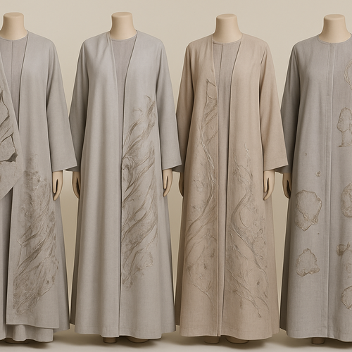 Create a modest two-piece linen abaya, the first of its kind, featuring a unique stone design that exudes a classy and sophisticated vibe. I'd like four designs, each showcasing different styles and fabrics. Incorporate high-end, unique chic stone designs to make them truly special. Add little sophisticated stone designs.