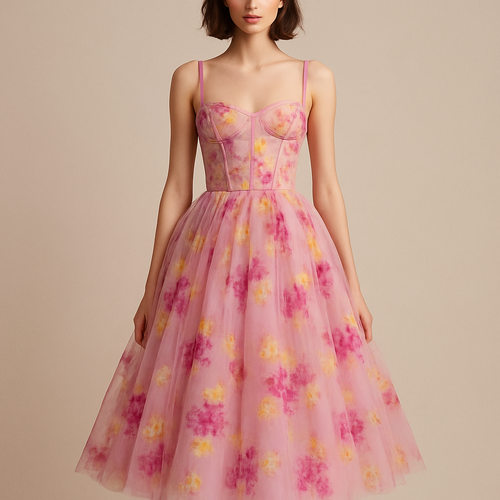 A model wearing a powder pink and magenta with yellow floral print tulle midi dress. Top is a strapless corset and bottom is a puffy tulle circle skirt. Silk straps cover each shoulder