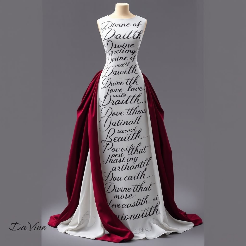 Create a dress made of writing in cursive. Let it be words concerning God and how wonderful he is and how he’s writing my story.with burgundy pieces draped around. Put “Da’Vine” in the bottom left corner
Design an elegant floor-length gown crafted entirely from delicate, flowing fabric adorned with intricate cursive script. The words celebrate divine love and faith, forming graceful swirls. Accentuate the silhouette with rich burgundy drapes cascading around the skirt. Embellish with subtle golden accents, and inscribe “Da’Vine” in the bottom left corner for a personal touch.