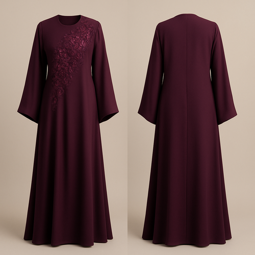 The Half-Bloom Couture Abaya
Tone: Wine / Plum Design: One side of the chest beautifully covered with half-blooming flowers and micro stones. 