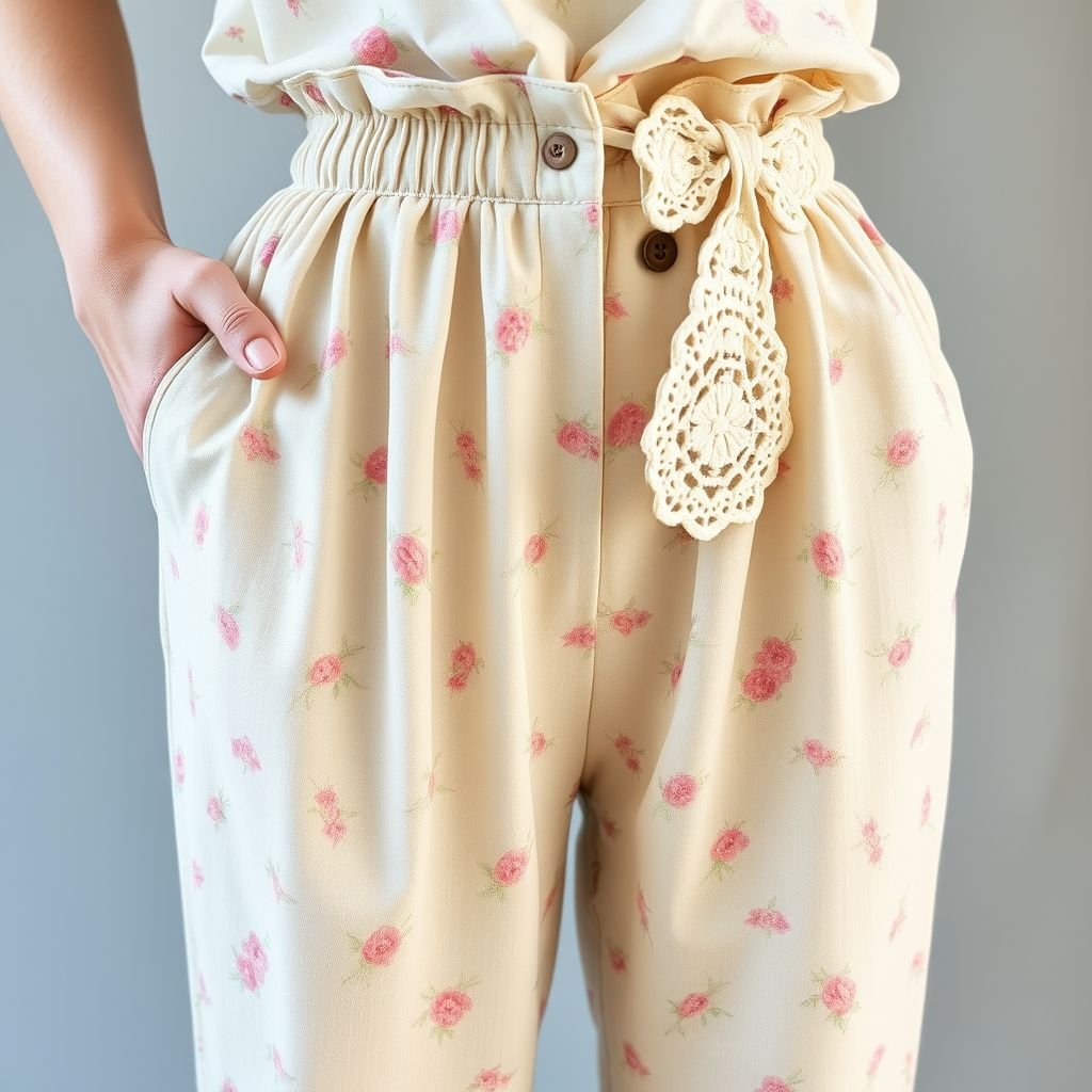 Padelefon summer Pants removal self tie lace belt cotton light
Design a pair of vintage-inspired summer pants featuring a high-waisted silhouette with soft pleats. The lightweight cotton fabric showcases delicate floral prints reminiscent of 1970s bohemian style. Incorporate a removable self-tie lace belt adorned with lace details. Emphasize nostalgic charm with vintage buttons, showcasing a playful yet elegant aesthetic perfect for warm days.