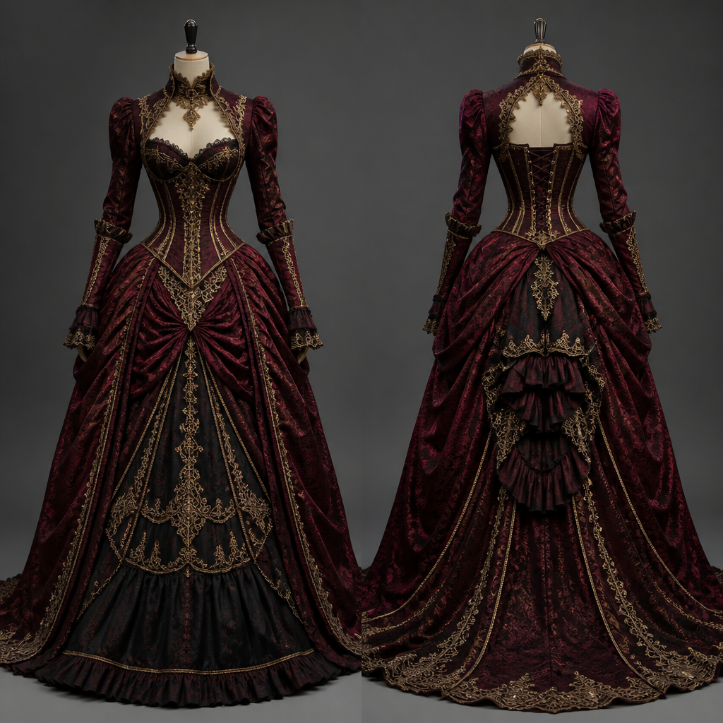 A Female Dress design, in Victorian style. luxury, layered, golden details, burgundy, long sleeves,corset. HR fashion aesthetics.
photorealistic fashion design, A Female Dress design, in Victorian style. luxury, layered, golden details, burgundy, long sleeves,corset. HR fashion aesthetics., victorian style, just the design no text, show front and back