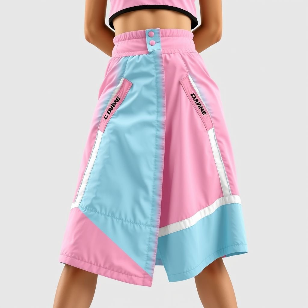 Streetrush women’s Street Sporty Academy Style, Street Hip-Hop Oversized midi skirt. These baby pink And baby blue cotton candy Color-Block Design, windbreaker material skirt. Feature Multiple Stripes, white and baby pink Paneling Design, And Front And Back Pattern Designs, Along With A Creative Double Waistband. They Are Suitable For All-Season Wear, Embody Street Rock Aesthetics, And Are Perfect For Music Festivals And Everyday Outfits. This Style Reflects Y2K Streetwear , Women’s Two-Tone Outdoor Sports , Chicago Jersey , Streetwear , Streetwear skirt. Put “DV” somewhere on it. Create me a logo for my brand “Da’Vine” and put it up there also
Design a striking women’s streetwear midi skirt that seamlessly blends sporty and urban aesthetics. Made from lightweight windbreaker material, this eye-catching piece boasts a cotton candy color-block theme in baby pink and baby blue, enhanced by bold white stripes and unique paneling. Featuring a creative double waistband and distinctive front and back patterns, the skirt embodies the essence of Y2K streetwear. Ideal for music festivals or casual outings, infuse the design with the logo "DV" and integrate your brand logo “Da’Vine” prominently. This versatile piece champions confidence, making it a must-have for any street-savvy wardrobe!