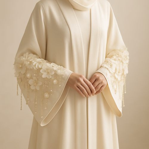 The Pearl Blossom Aura Abaya
Tone: Ivory or cream gold
Design:
Soft 3D blossoms around the sleeves, paired with delicate pearl strings hanging lightly.
Embellishment:
Creamy pearls + small champagne crystals.
Vibe: Bridal, gentle, luxurious purity.