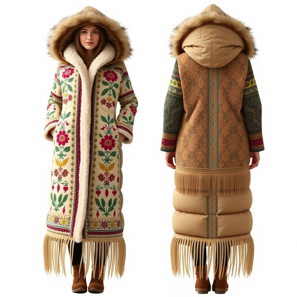 Envision a long puffer jacket that is a vest, straight waisted and past the knees and lined with Sherpa fabric on the inside. The vest is reversible and has a hoodie.
Design an ethereal long puffer vest, reaching past the knees, featuring intricate bohemian-inspired embroidery and fringe accents. Lined with luxurious Sherpa fabric for warmth, the vest's reversible design showcases vibrant, nature-themed patterns on one side and a soft, earthy tone on the other. Complete with a cozy, oversized hoodie for that free-spirited vibe.