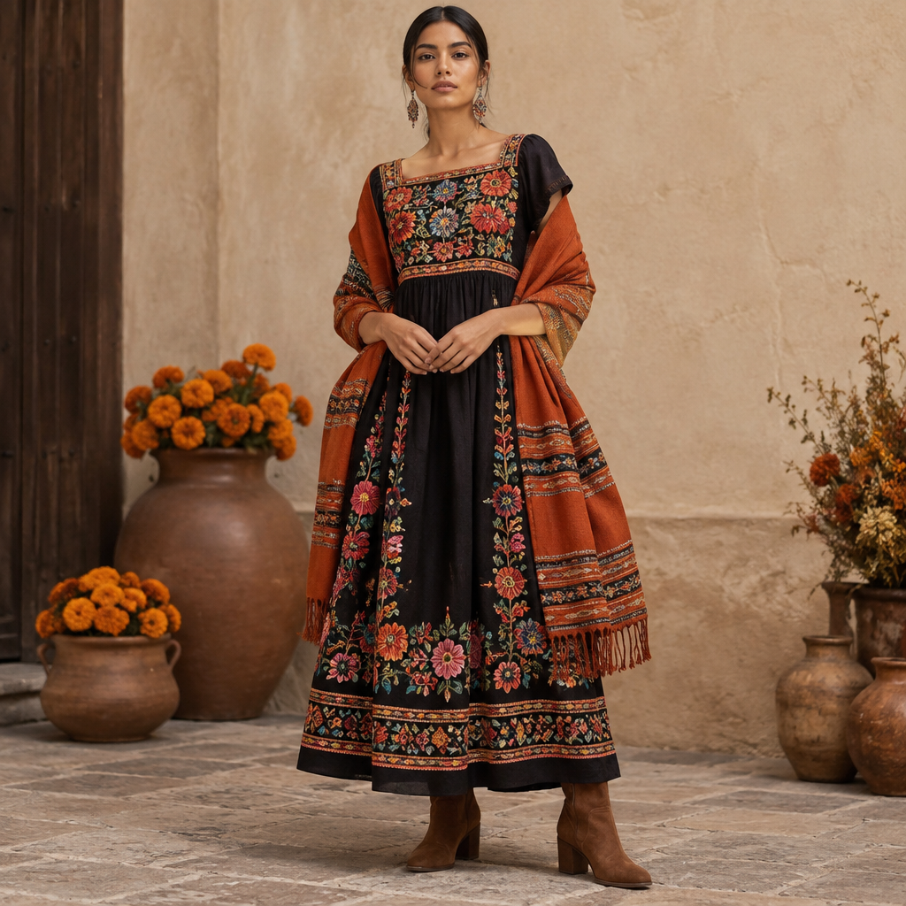 A Female Dress design, suitable for Fall. Consider Mexican fashion — huipil and rebozo traditions, vibrant embroidery, Oaxacan textiles, colorful folk art influence. Current season is Autumn in Mexico. Present it as professional fashion catalogue photography: the garment is the subject, shown full-length with editorial styling, neutral posing and tasteful, non-suggestive framing.
photorealistic fashion design, A Female Dress design, suitable for Fall. Consider Mexican fashion — huipil and rebozo traditions, vibrant embroidery, Oaxacan textiles, colorful folk art influence. Current season is Autumn in Mexico. Present it as professional fashion catalogue photography: the garment is the subject, shown full-length with editorial styling, neutral posing and tasteful, non-suggestive framing., just the design no text